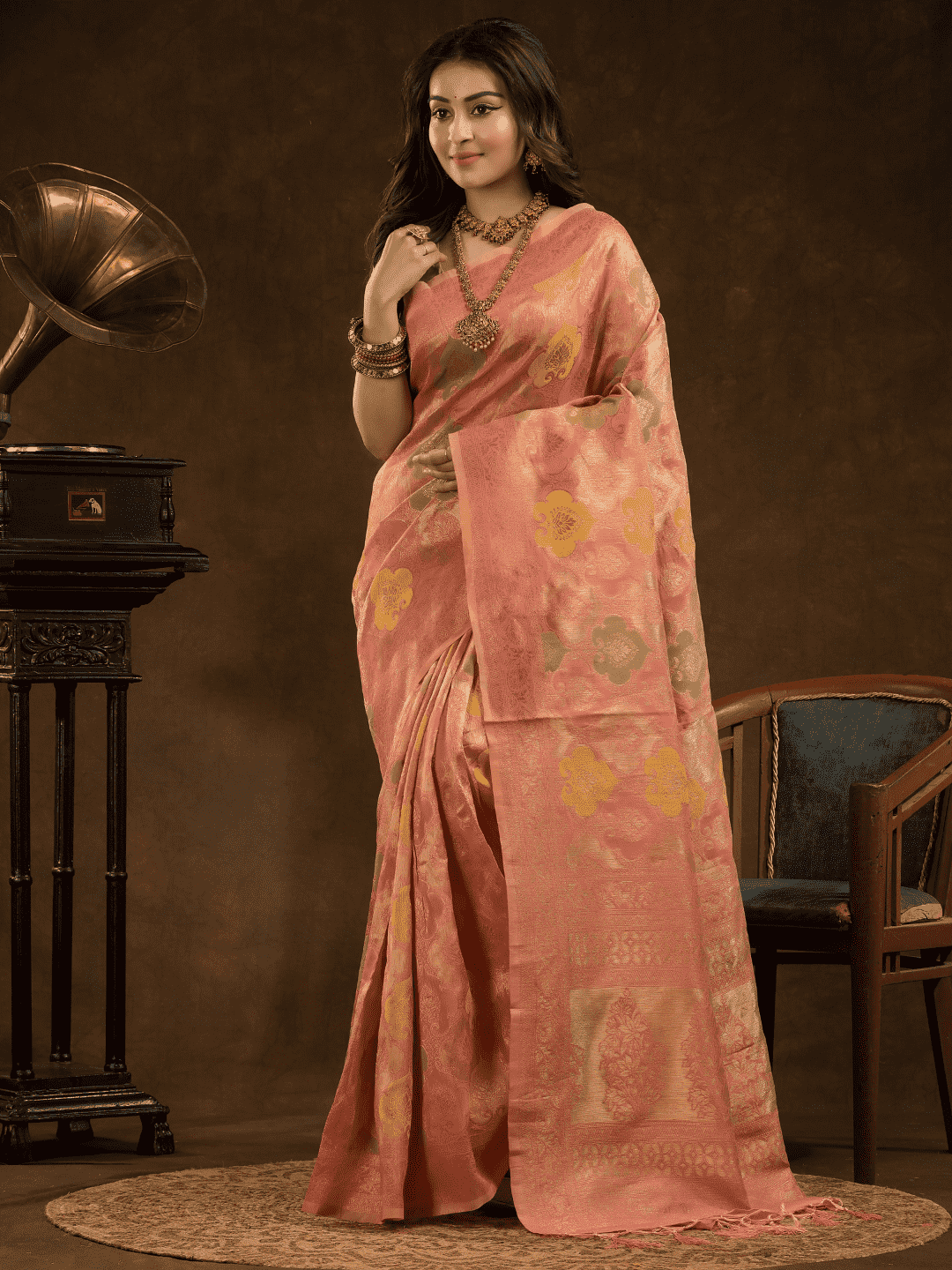 Chanderi Silk Ethnic Motifs Saree In Rose Pink (Precision Looms) - 008