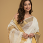 Cream White Linen Golden Zari  Saree - 016