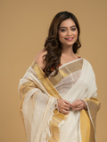 Cream White Linen Golden Zari Saree - 016 - indeloom