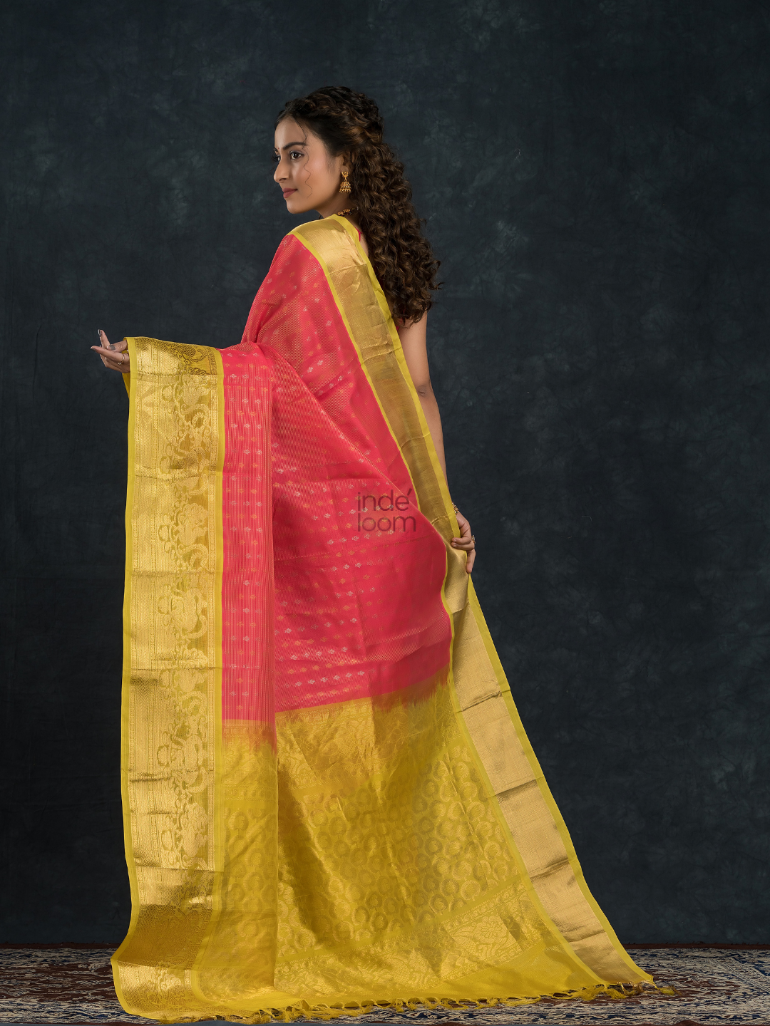 Pure Handloom Korvai Silk Cotton Saree in Punch Pink and golden Yellow Border with small buttas - 137