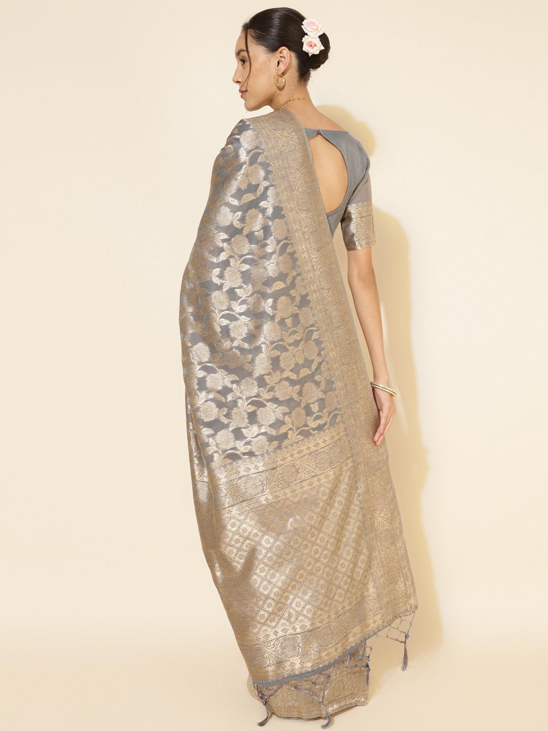 Chanderi Silk Floral Saree in Grey (Precision Looms) -004