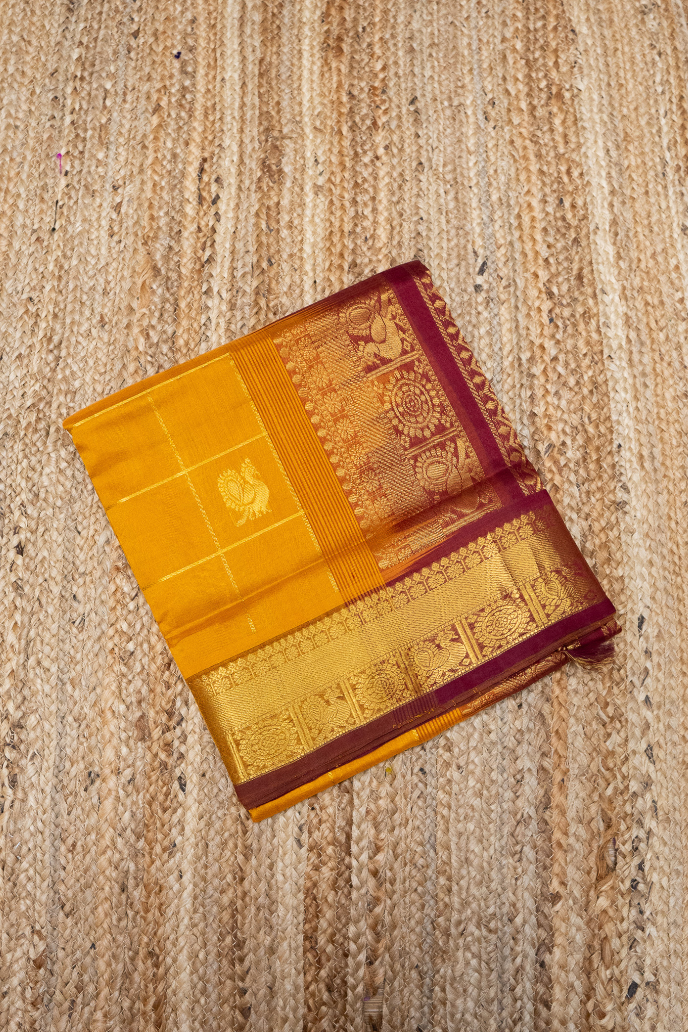 Mayil Chakram with Zari Checks Golden Yellow and Dark Red Border  Korvai Saree -144