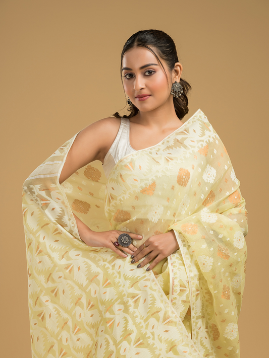 Pale Yellow Cotton Silk Jamdani Saree - 021