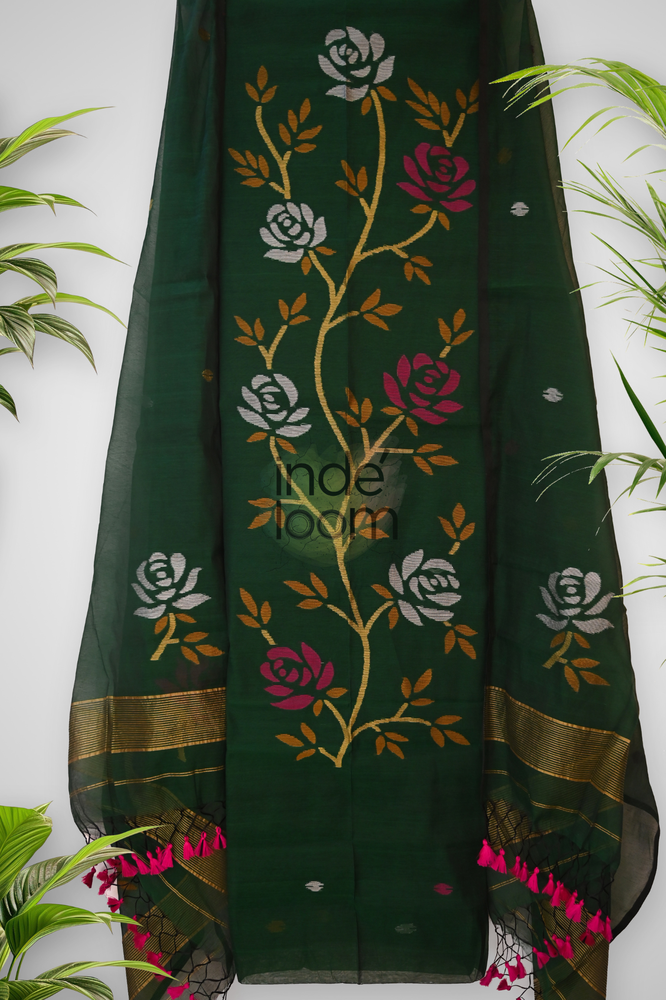 Cotton Jamdani 2 Piece Set Kurti & Dupatta with Army Green  -357