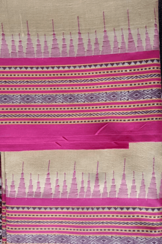 Beige & Pink, Handloom Vidarbha Tussar Silk Saree with Multicolor Contrast Border-027