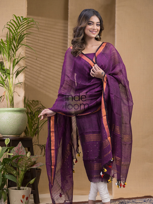 Wine Red Pure Linen Sequin Suit 2 Piece Set Kurti & Dupatta (UNSTITCHED) -642