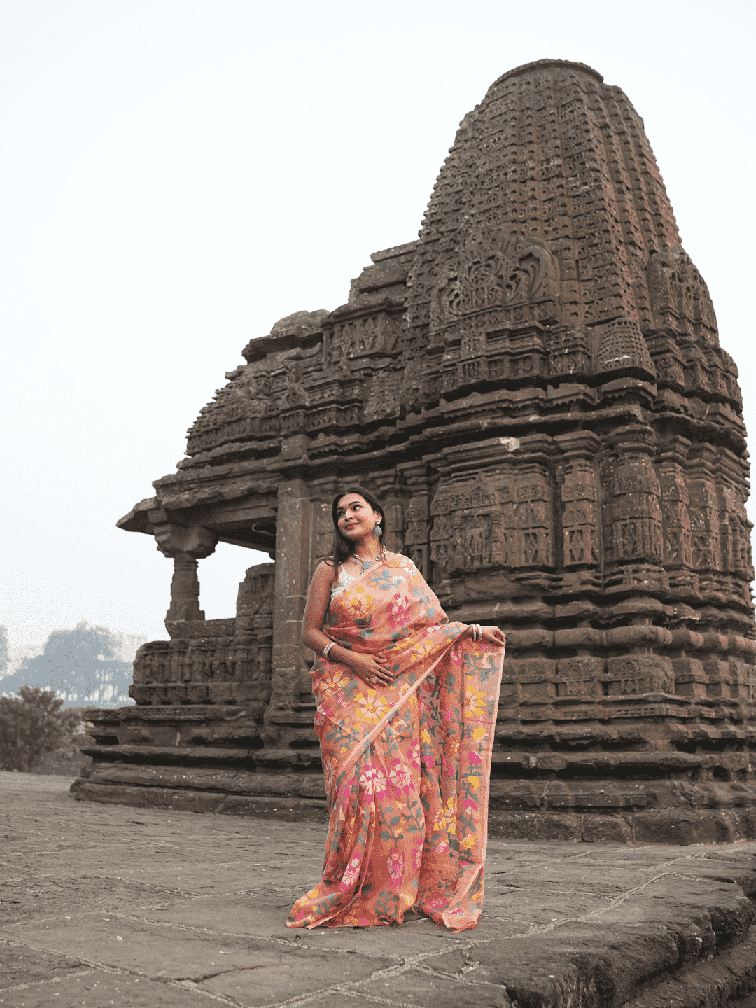 Coral Orange Jamdani Saree - 060 - indeloom