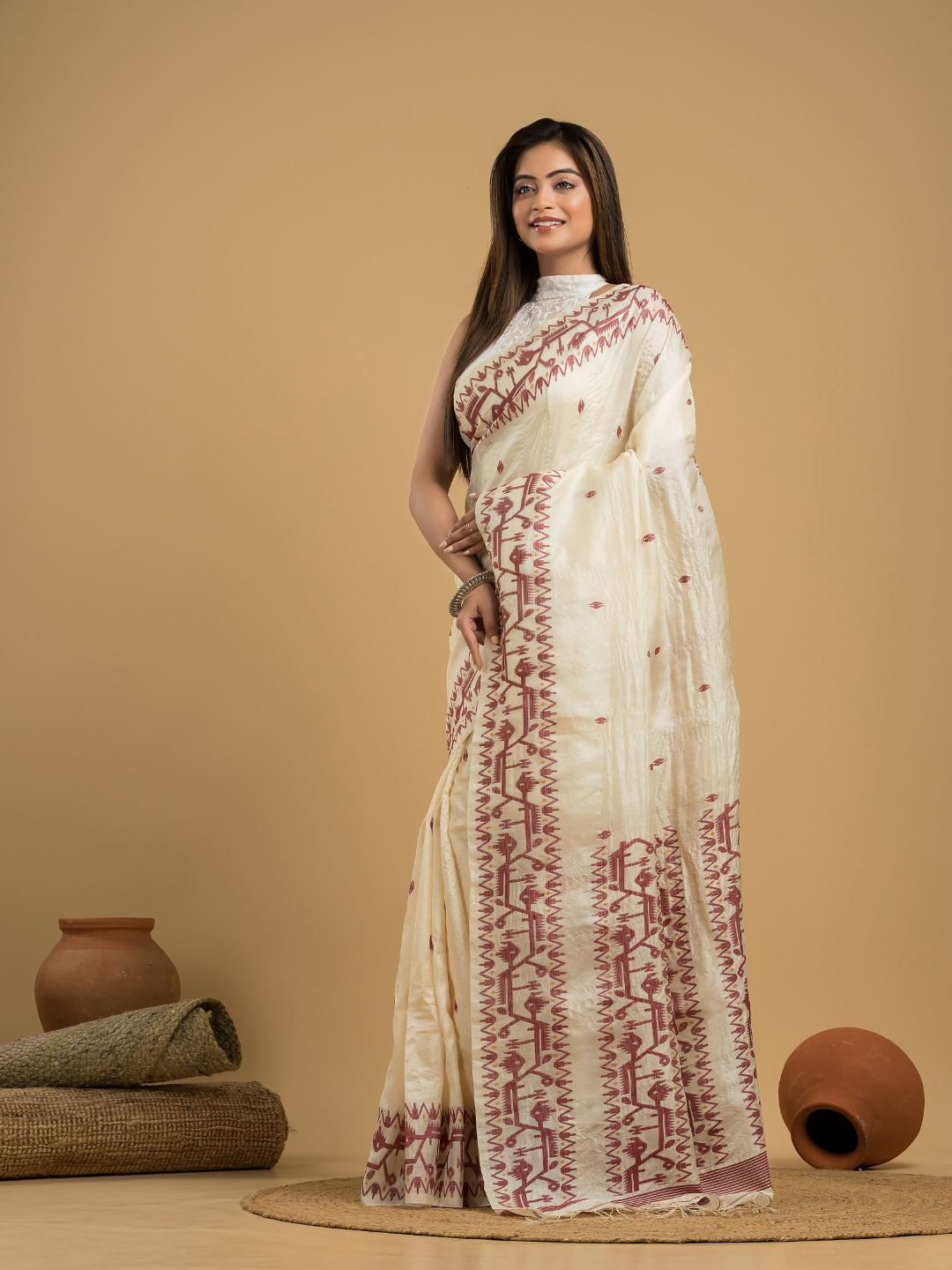 Linen White Tussar Silk Jamdani Saree - 044