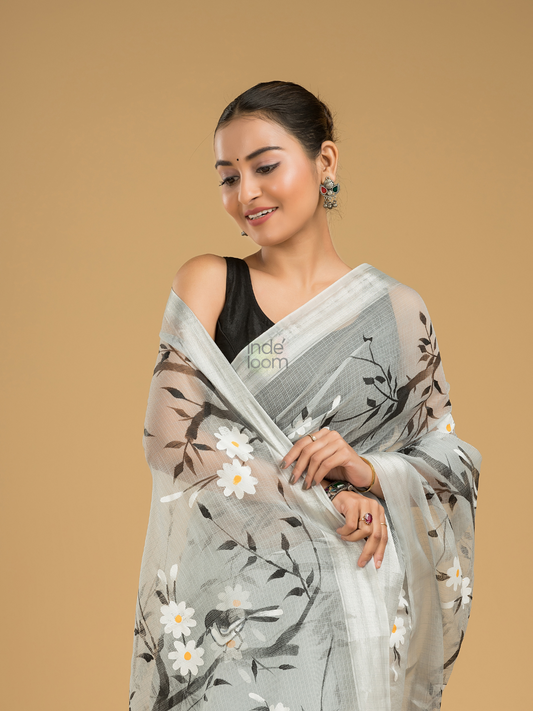 Kota Doria Handpainted  Saree With Space Black - 002