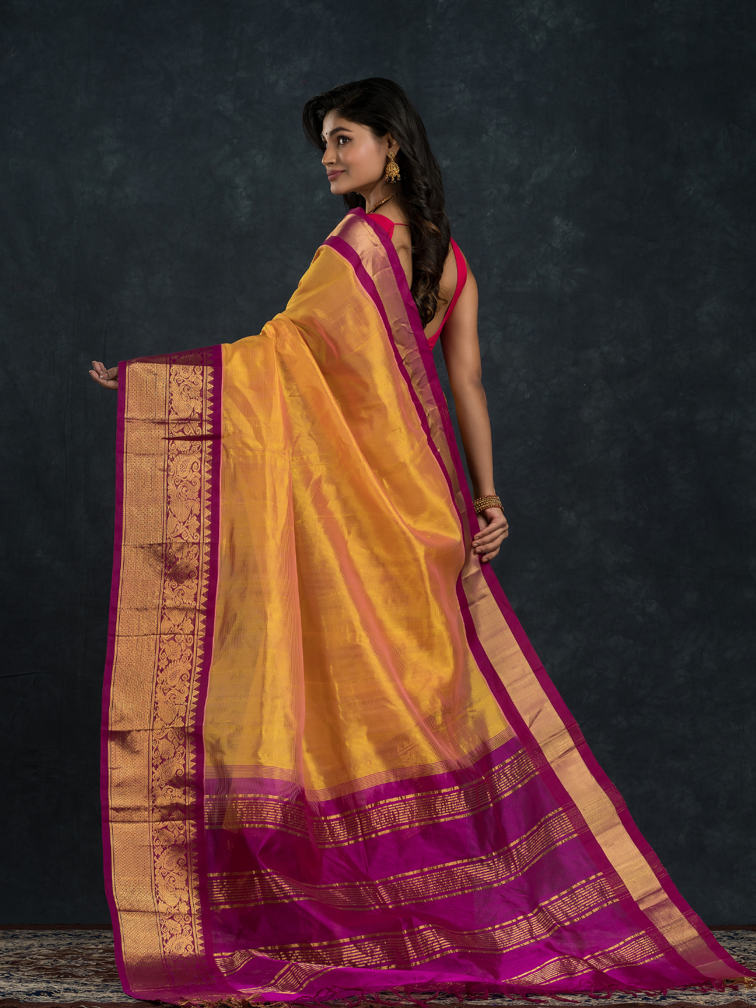 Pure handloom Korvai Silk Cotton Saree in Bright Yellow and Golden Purple Border - 099