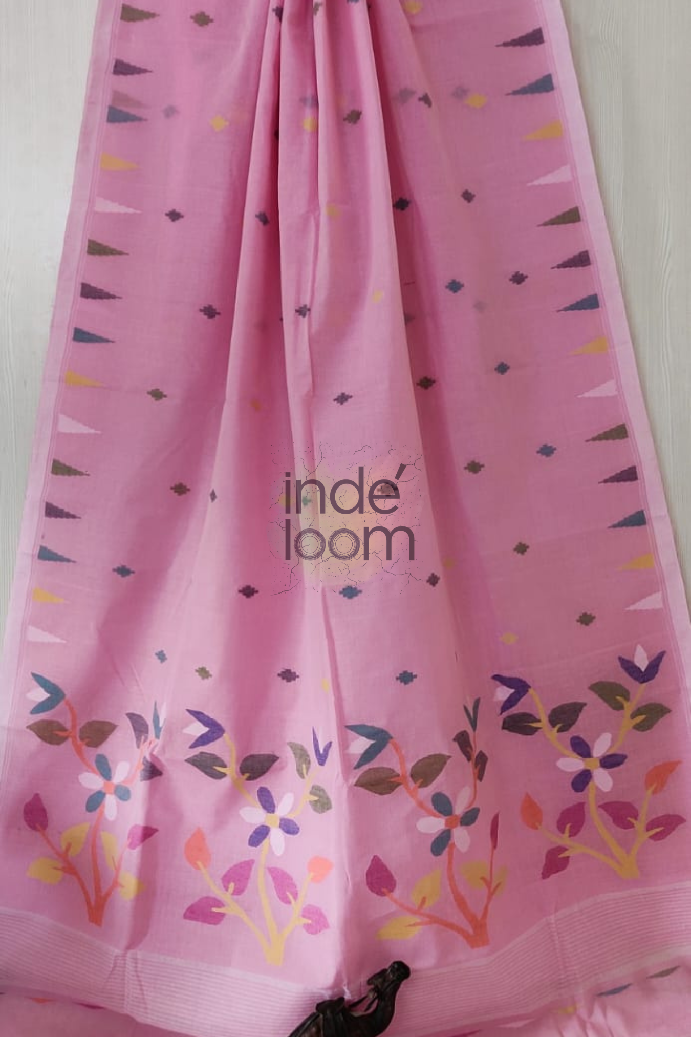 Floral Baby Pink Bengal Pure Cotton Jamdani Saree-020