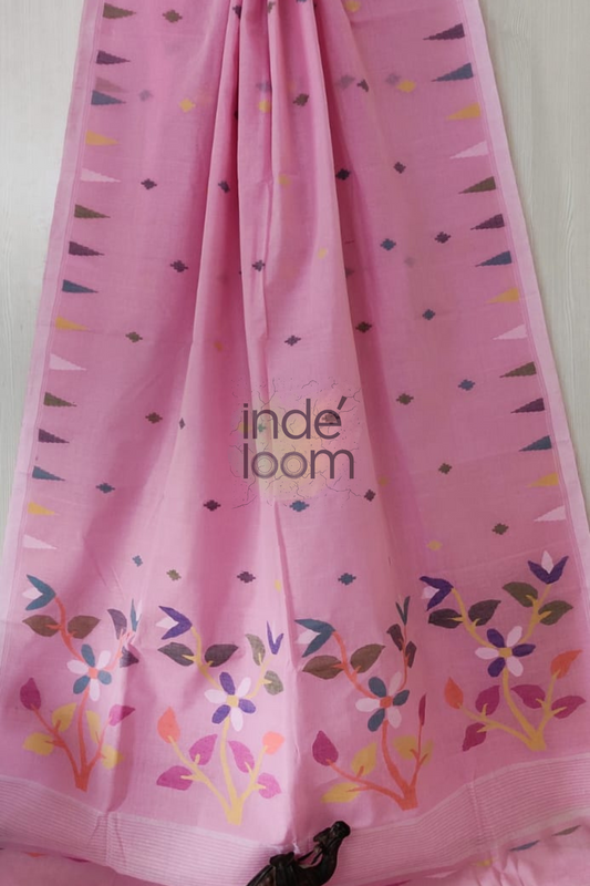 Floral Baby Pink Bengal Pure Cotton Jamdani Saree-020