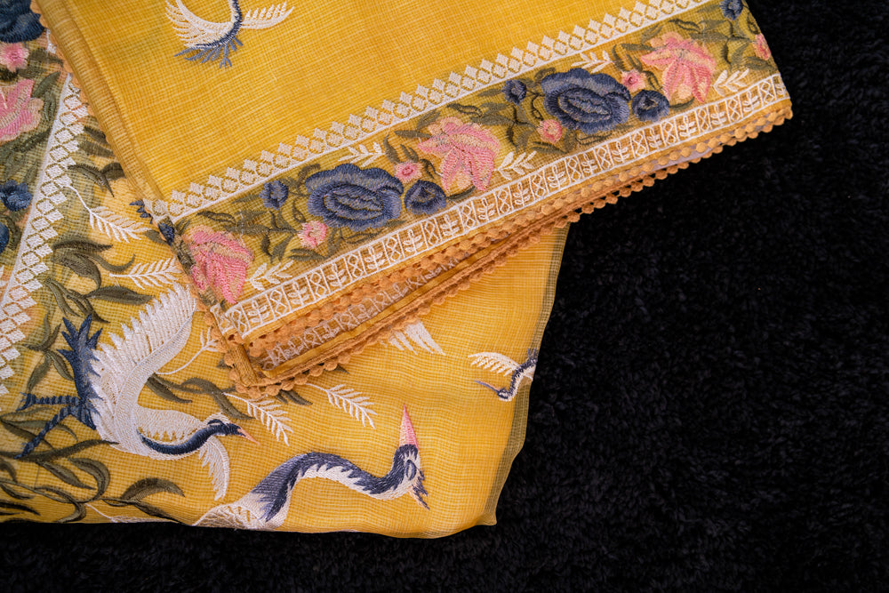 Golden Turmeric Yellow Embroidery Saree-001