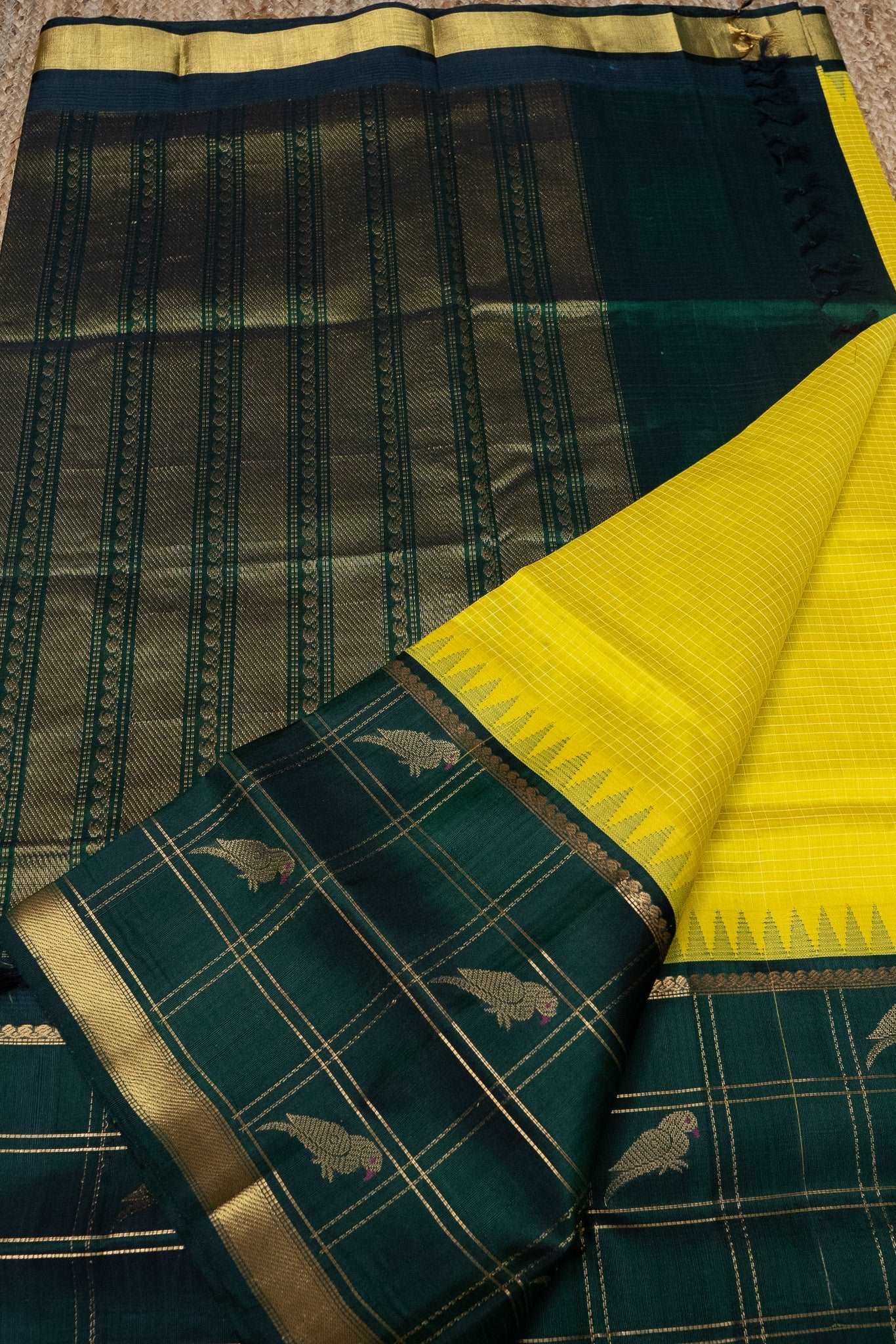 Bright Yellow and Dark Green With Golden Pallu Korvai Saree - 066