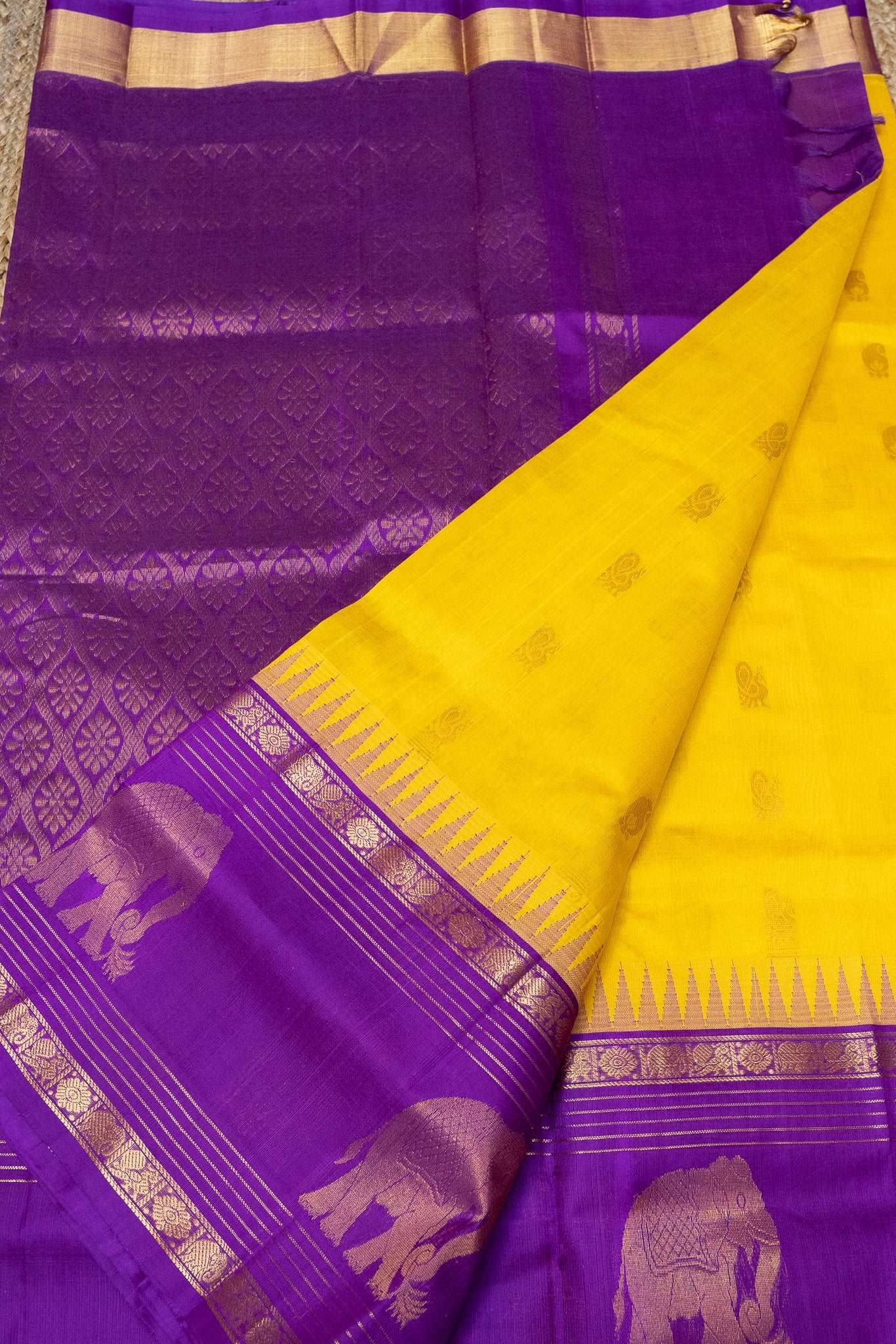 Bright Yellow With Voilet Design Plallu  Korvai Saree - 068