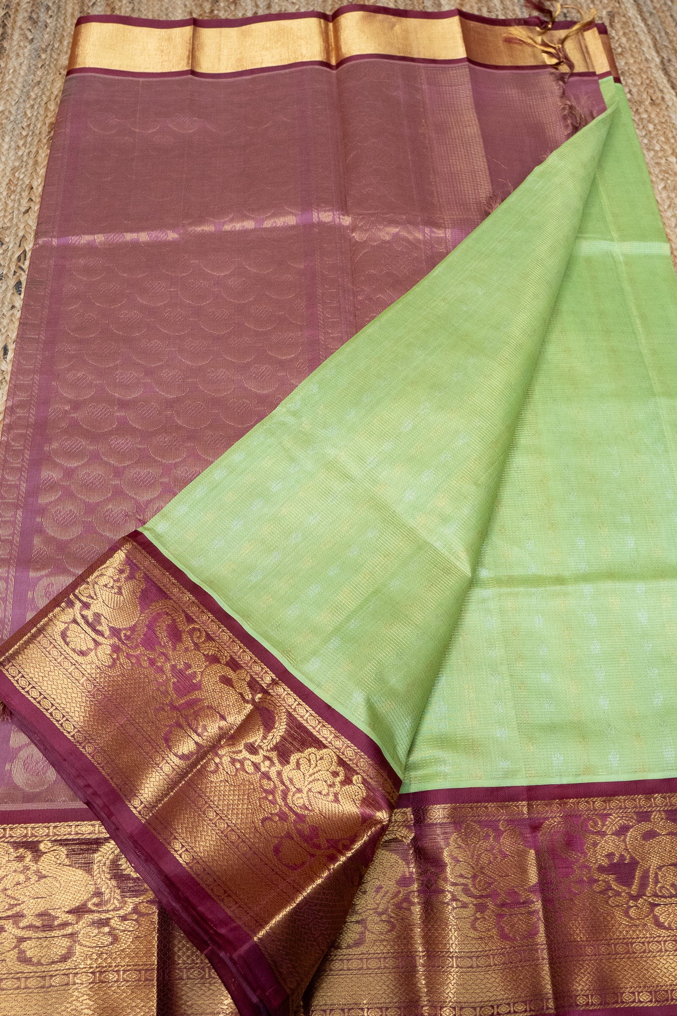 Mint Green With Berry Red pallu Korvai Saree - 069