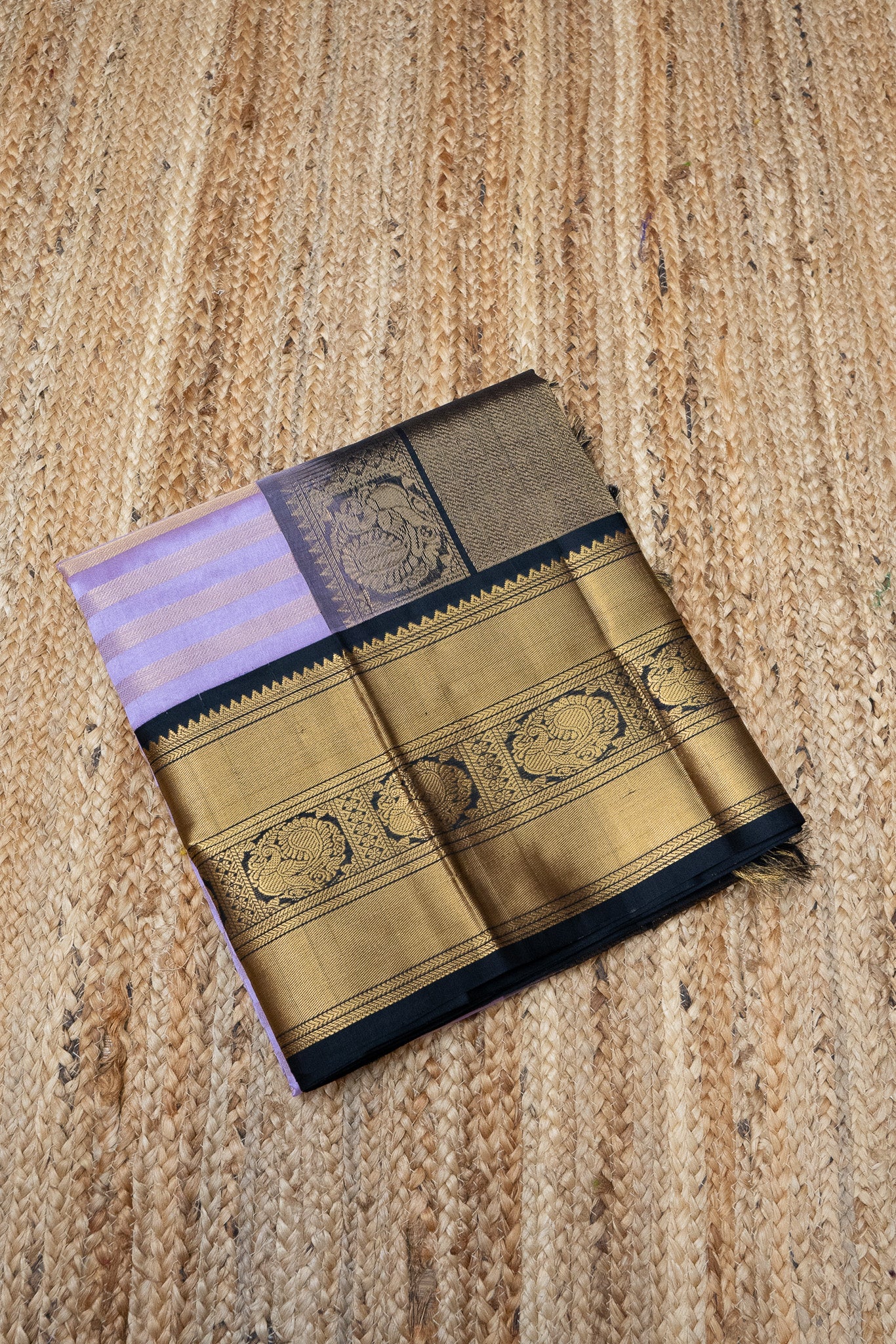 Pure handloom Korvai Silk Cotton Saree in muted Lavender blush and Black with Golden stripes - 035