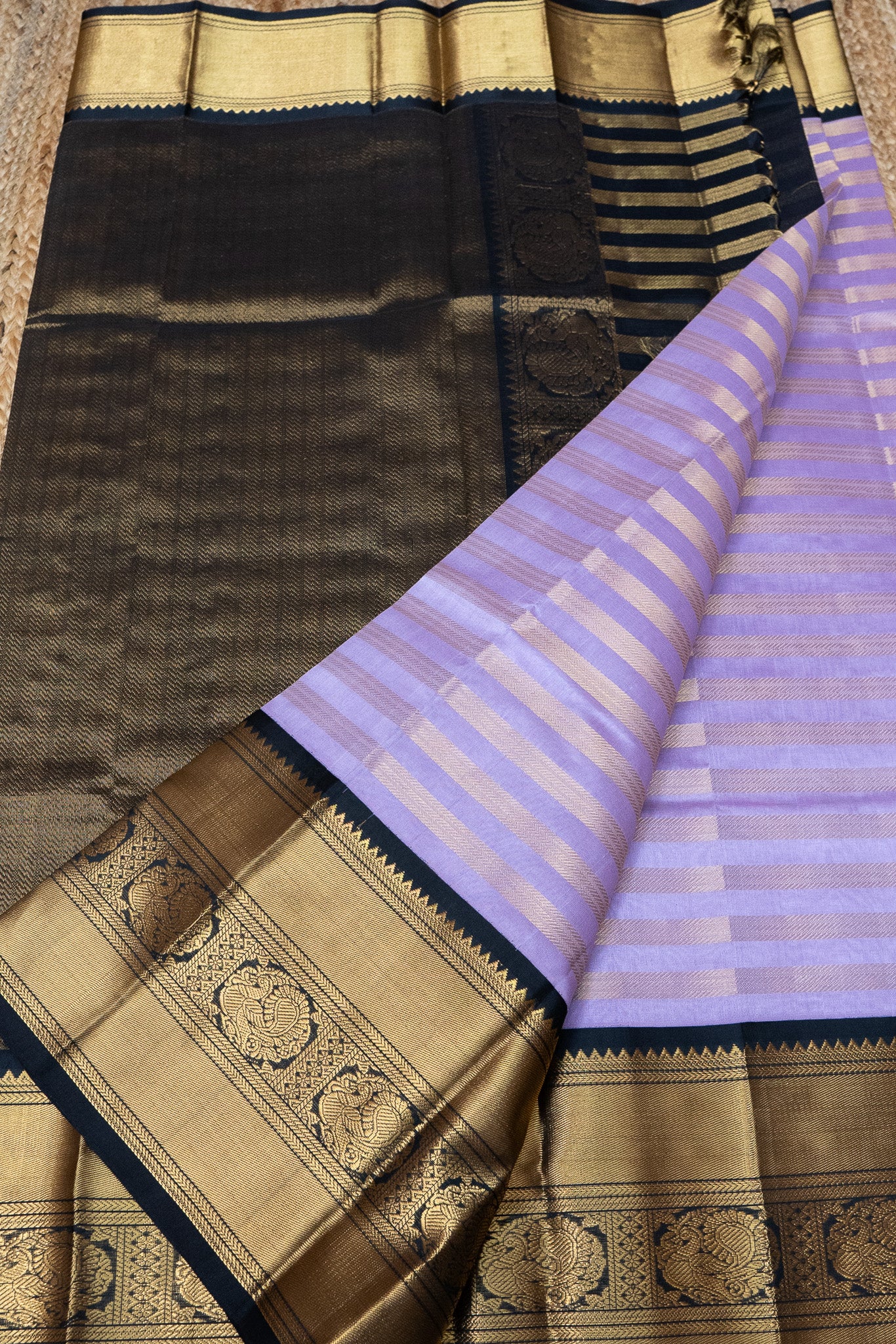 Pure handloom Korvai Silk Cotton Saree in muted Lavender blush and Black with Golden stripes - 035