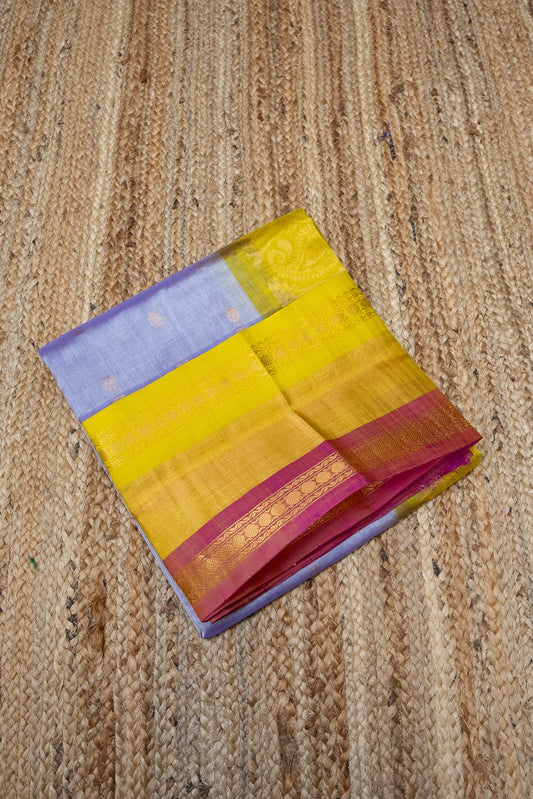 Denim Blue and Butter Yellow Red Pallu Korvai Saree - 082