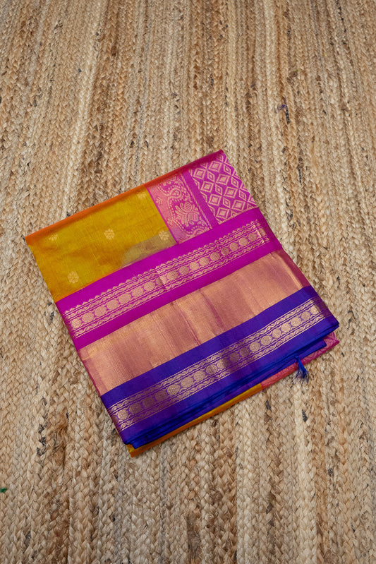 Deep Pink with Honey Yellow Purple Pallu Korvai Saree - 083