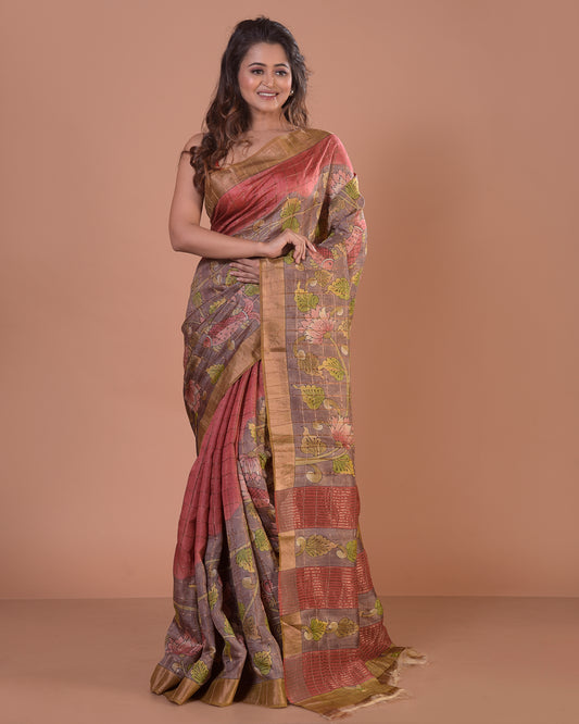 HANDPAINTED TUSSAR SILK SAREE-026