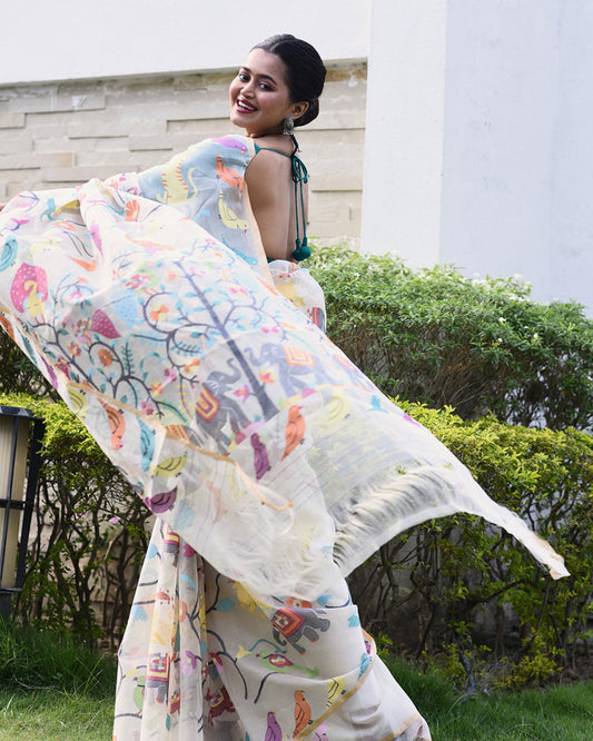 Elephant and Bird Motifs on Beigh Color Jamdani Saree-001