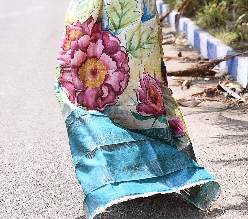 Handpainted Tussar Silk Saree-006 - indeloom