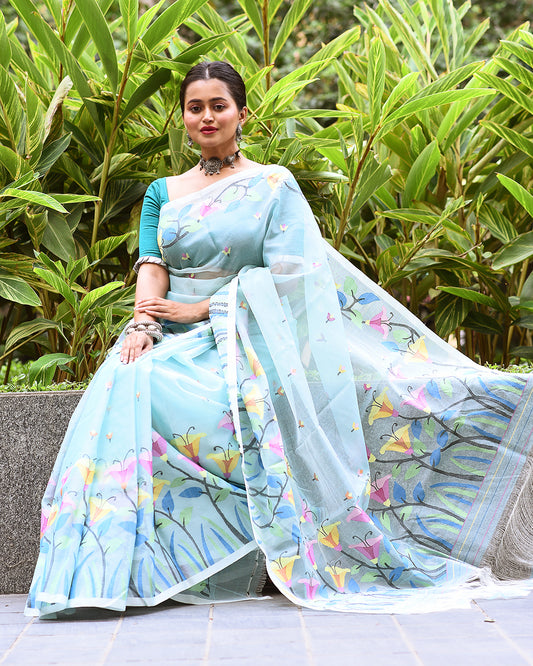 Light Blue and Multicolor Florals Jamdani Saree-004