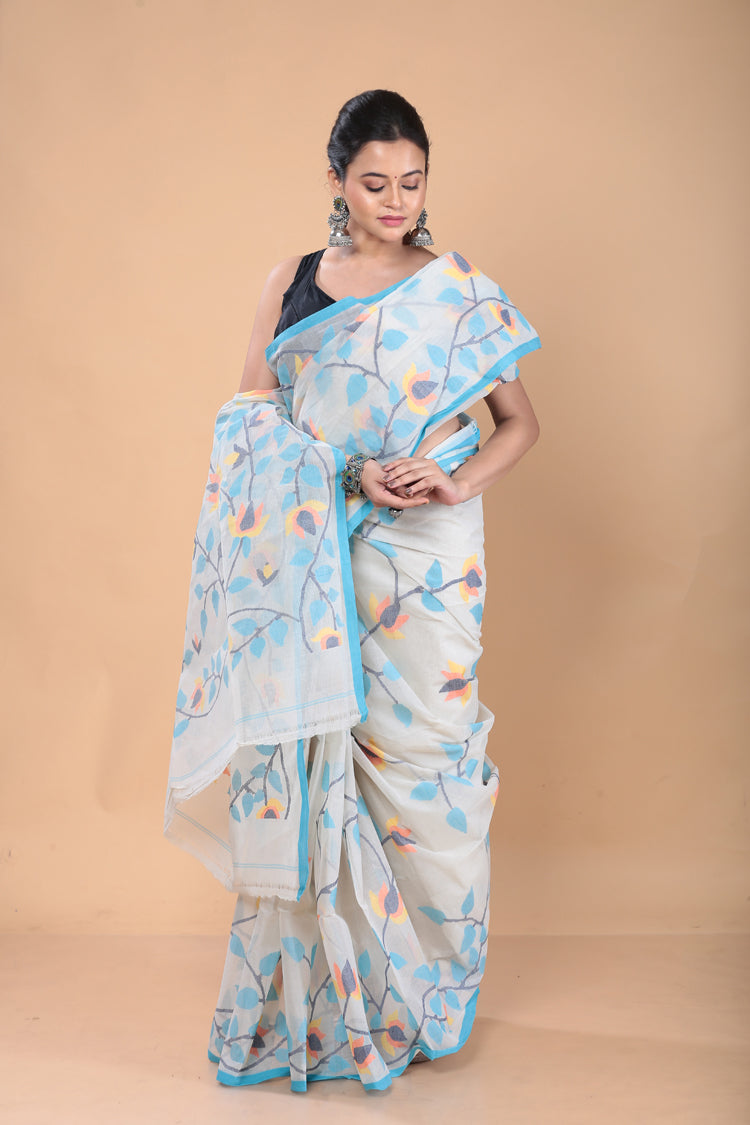 Muslin Jamdani Saree with Snow White-125