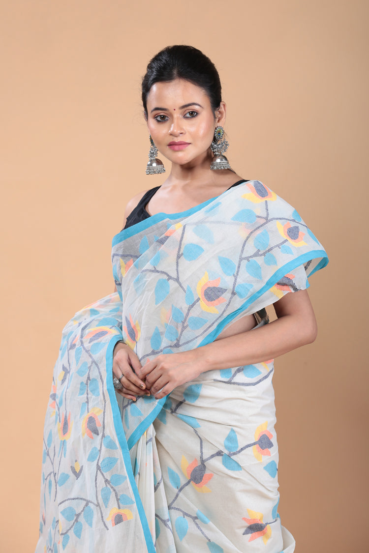 Muslin Jamdani Saree with Snow White-125