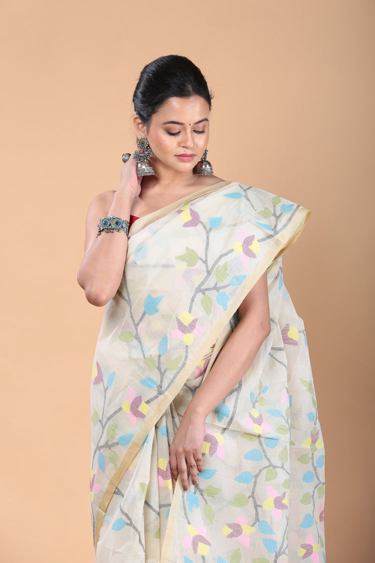 Blue and Yellow Leafs Muslin Jamdani Saree-104