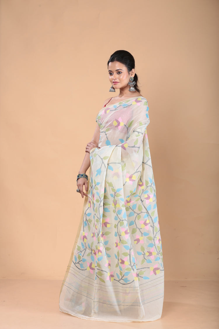 Blue and Yellow Leafs Muslin Jamdani Saree-104