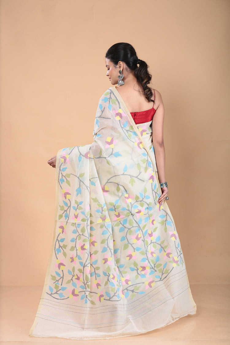 Blue and Yellow Leafs Muslin Jamdani Saree-104