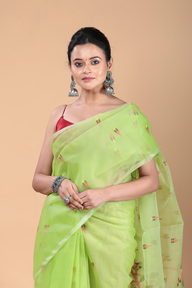 Leafy Green Muslin Jamdani Saree-101