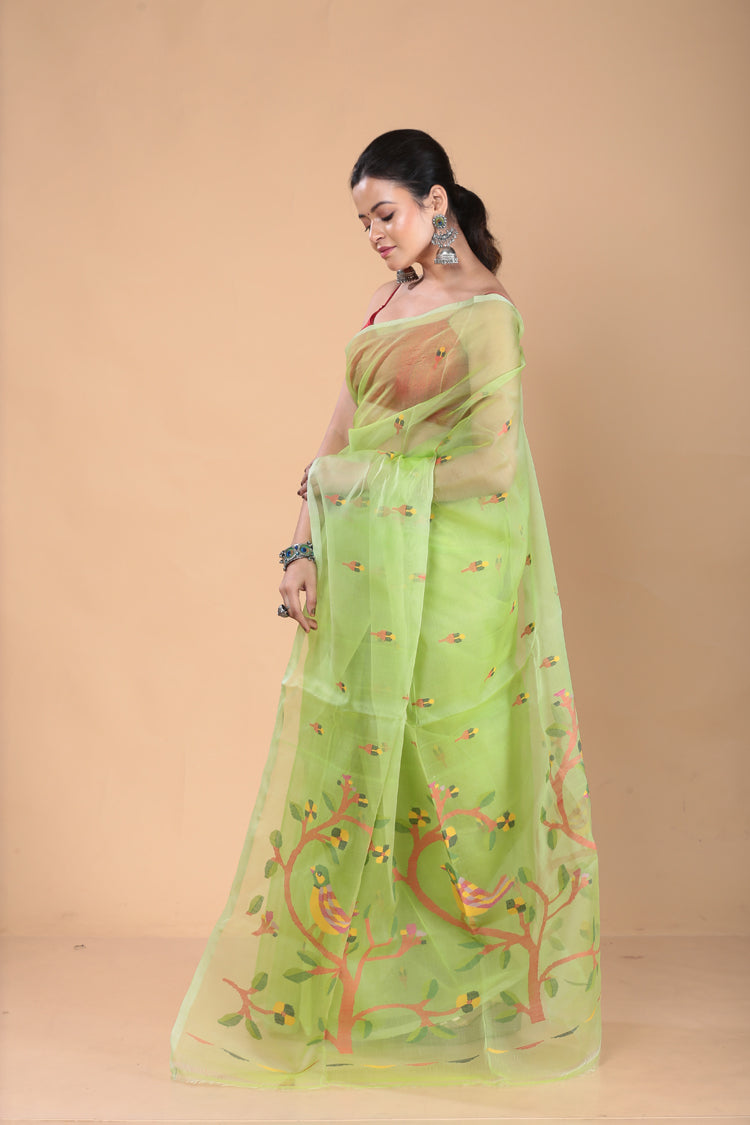 Leafy Green Muslin Jamdani Saree-101