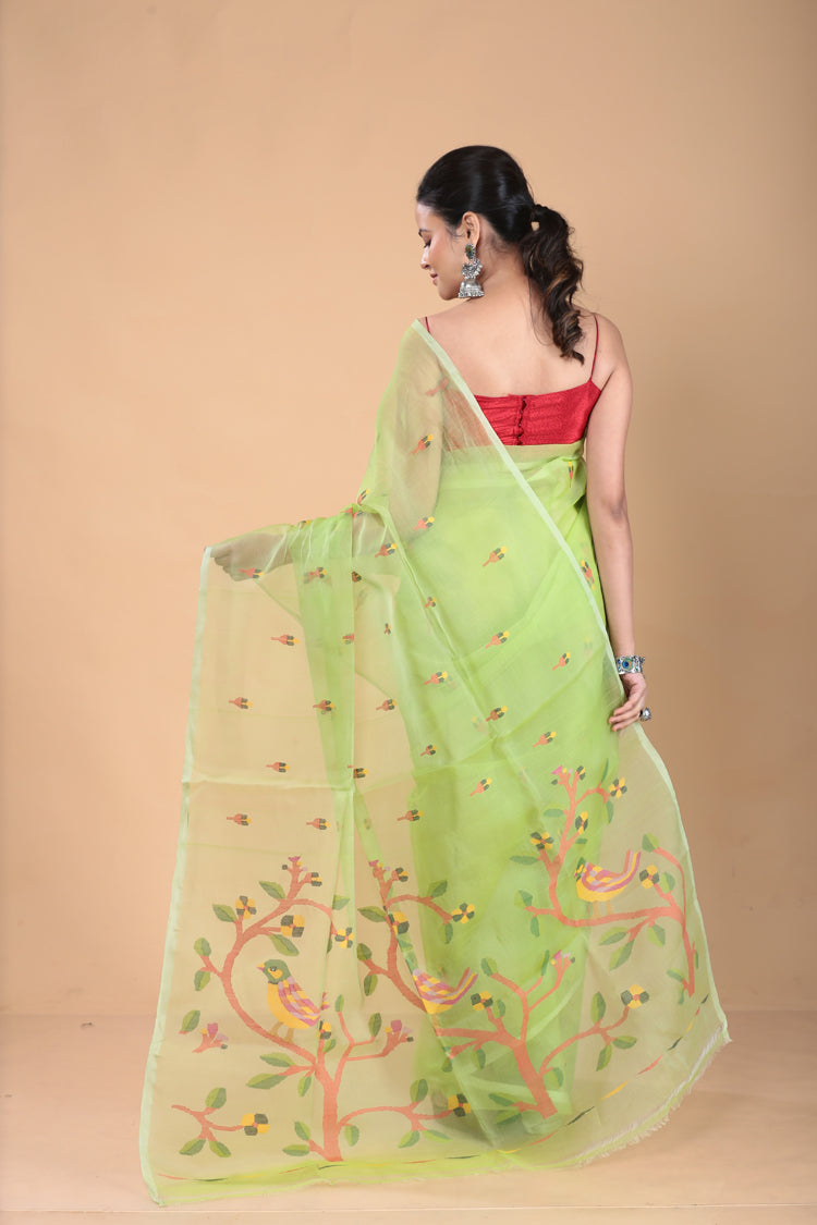 Leafy Green Muslin Jamdani Saree-101