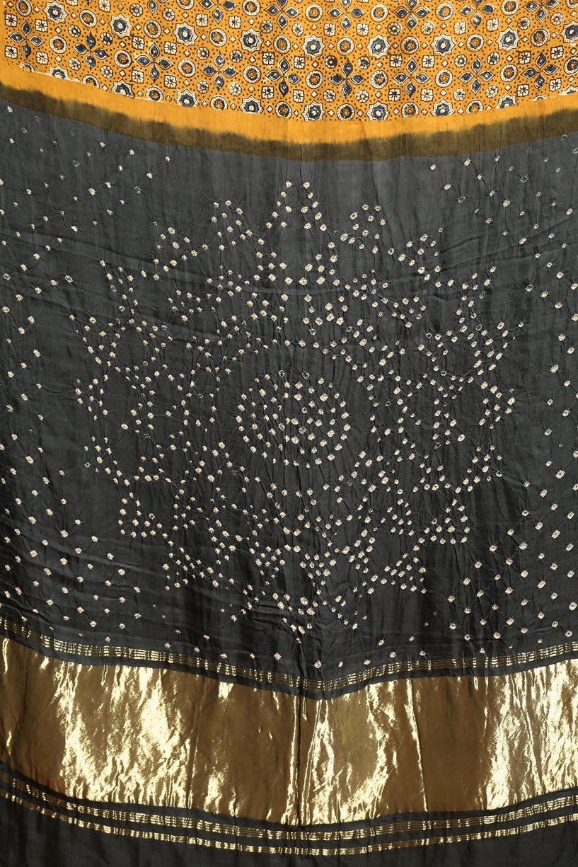 GREY YELLOW AJRAKH BANDHINI SAREE(Pre-Order) -002