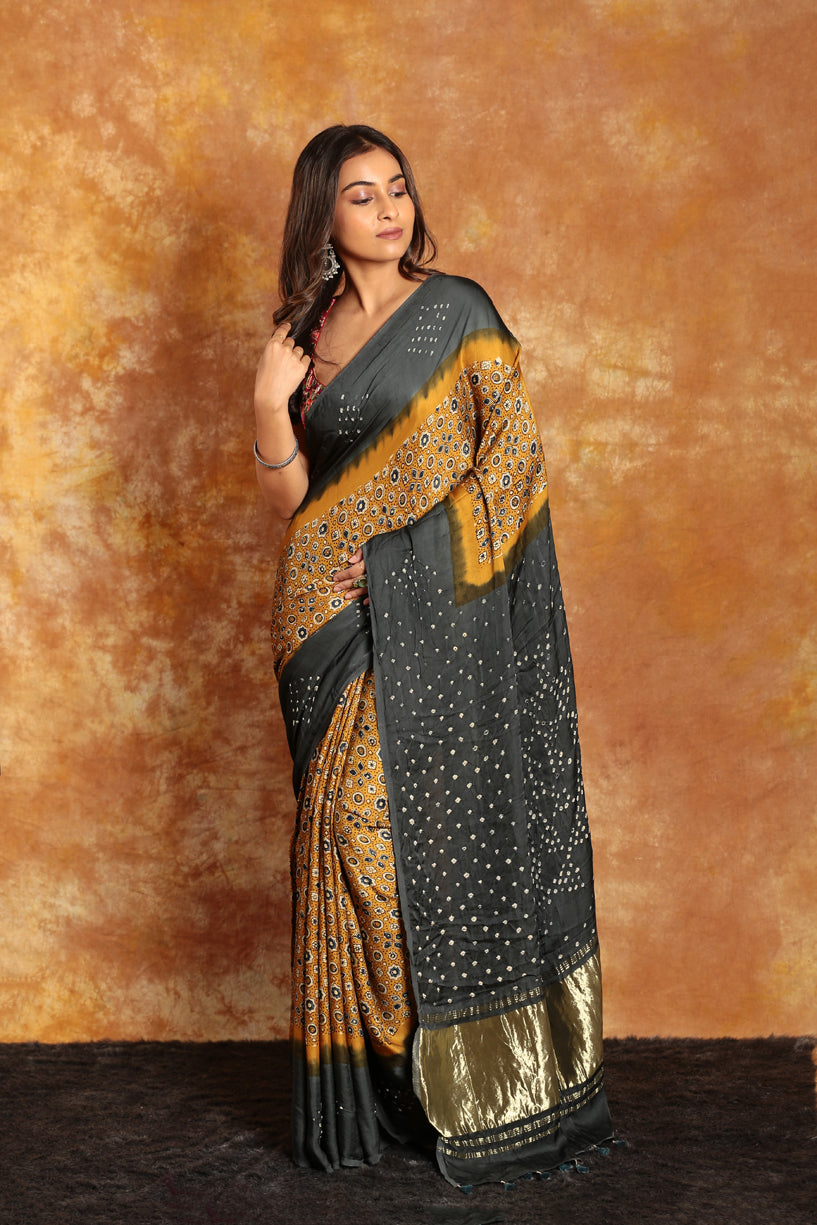 GREY YELLOW AJRAKH BANDHINI SAREE(Pre-Order) -002