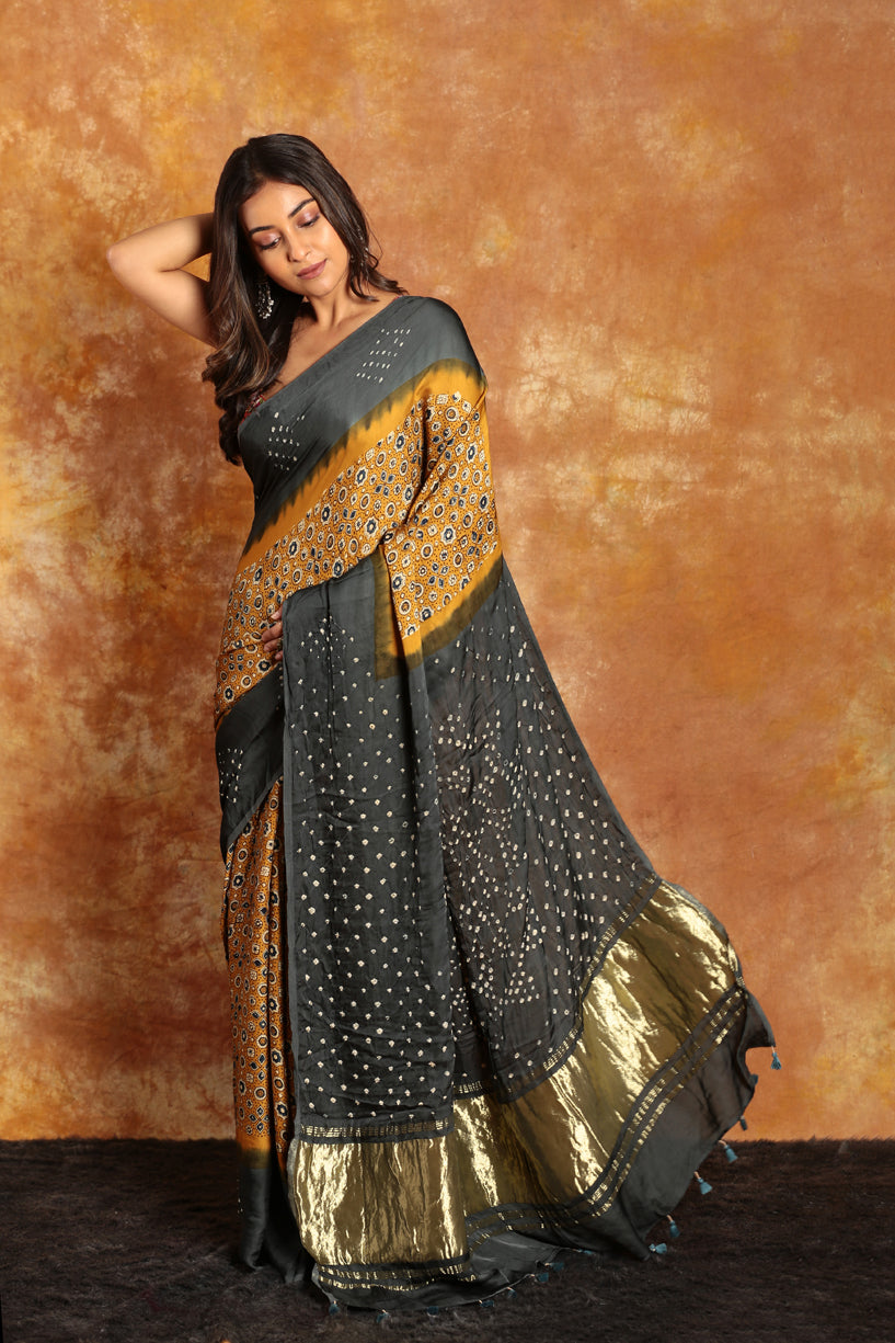 [PRE-ORDER] Ajrakh x Bandhini GREY YELLOW SAREE - 002