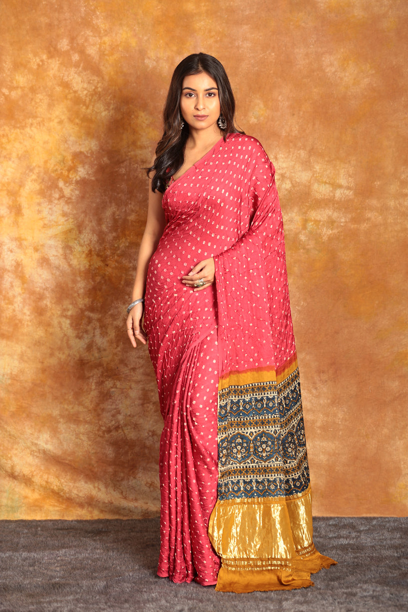 Rani Pink  Ajrakh Bandhini Saree -005