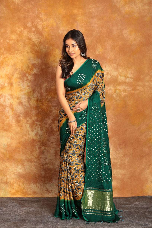 AJRAKH GREEN TONE BANDHINI SAREE-007