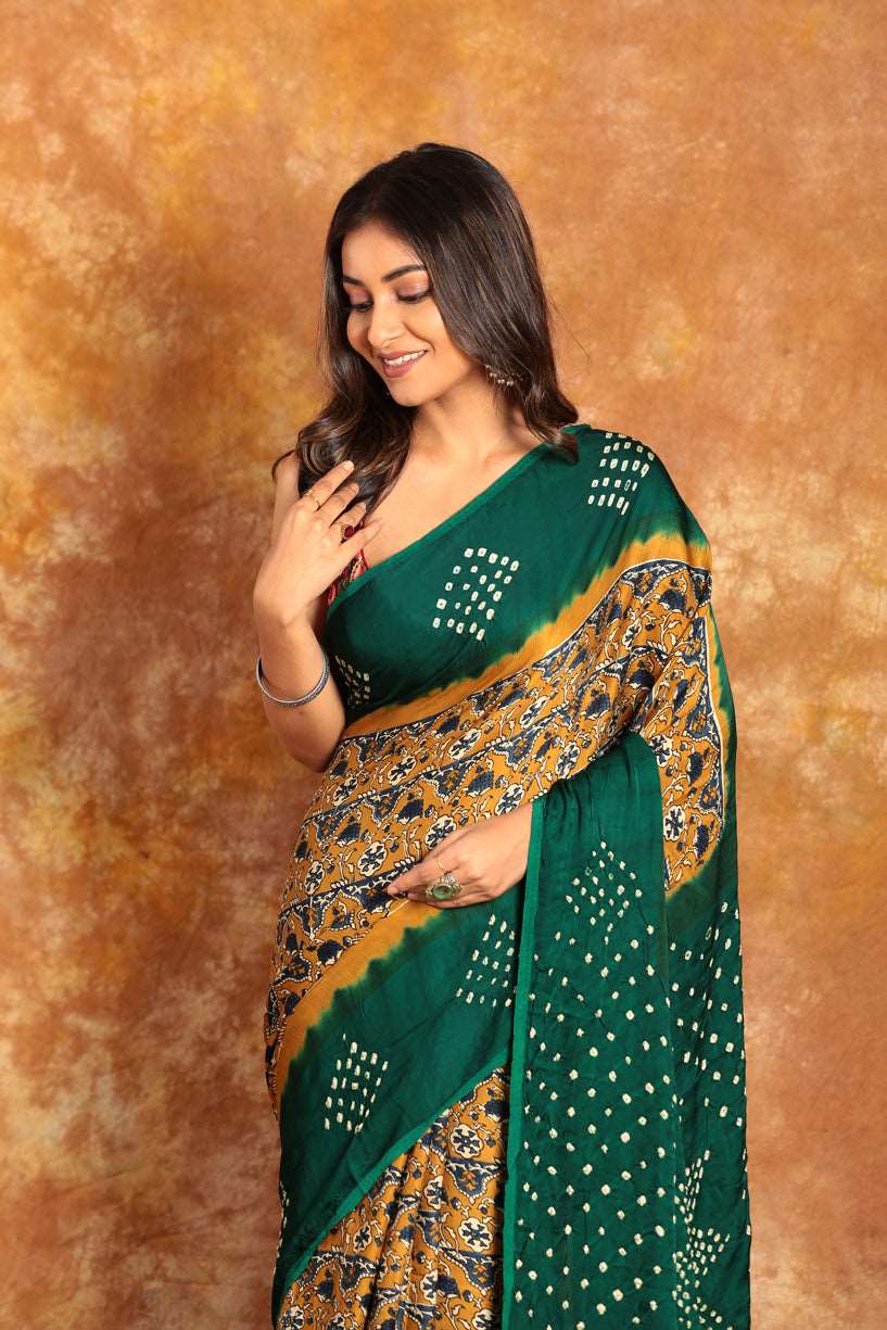 AJRAKH GREEN TONE BANDHINI SAREE-007