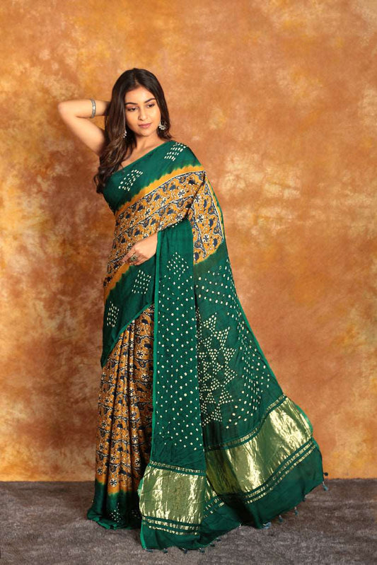 AJRAKH GREEN TONE BANDHINI SAREE-007