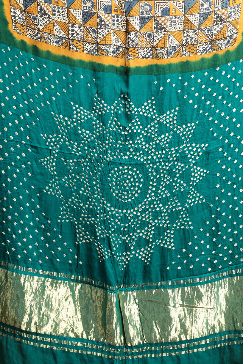 Teal Green Ajrakh Bandhini Saree(Pre-Order)-008