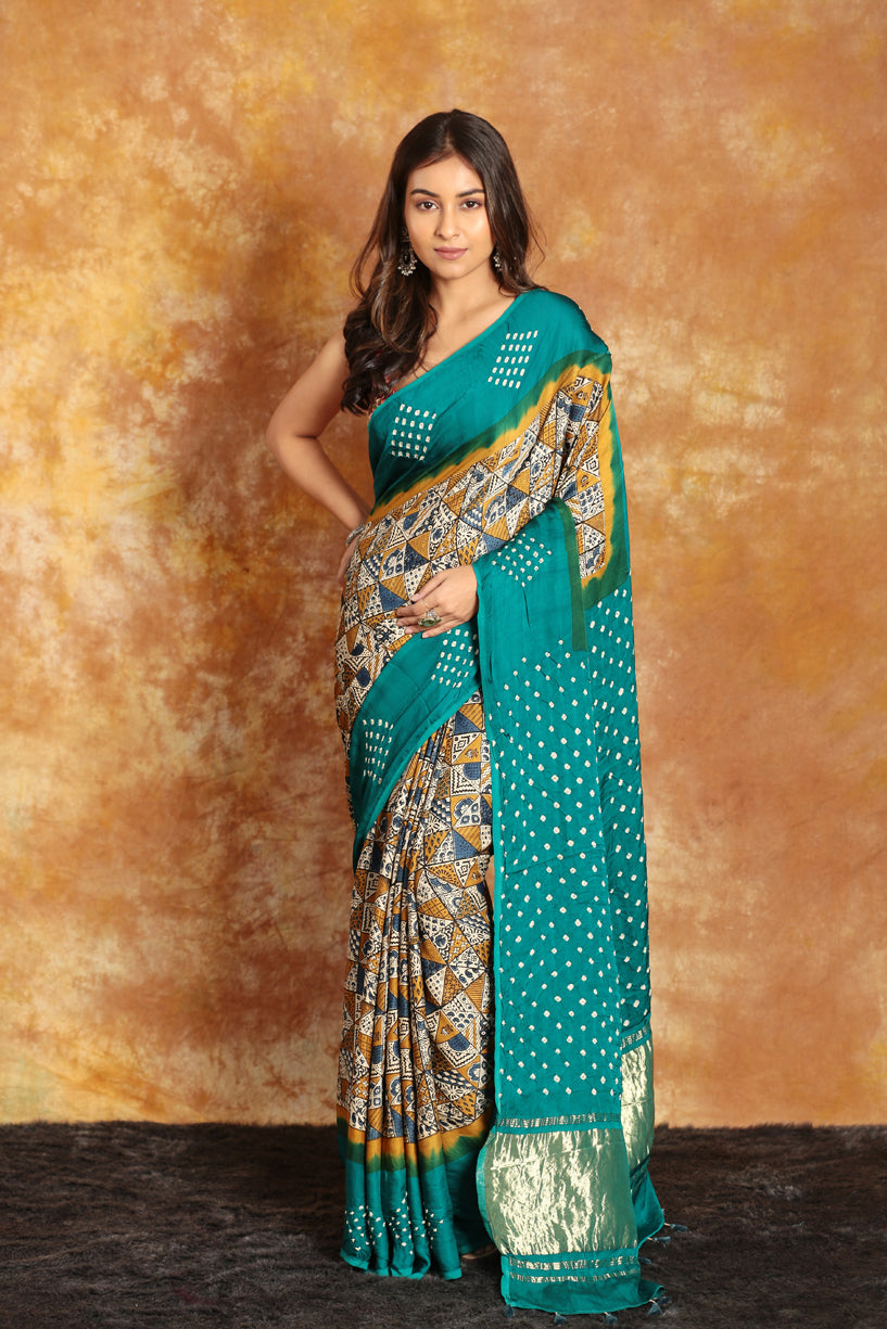 Teal Green Ajrakh Bandhini Saree(Pre-Order)-008