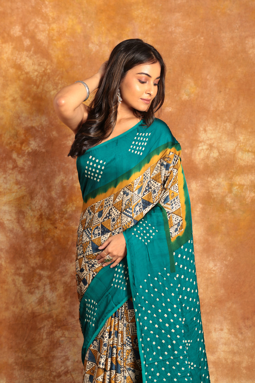 Teal Green Ajrakh Bandhini Saree(Pre-Order)-008