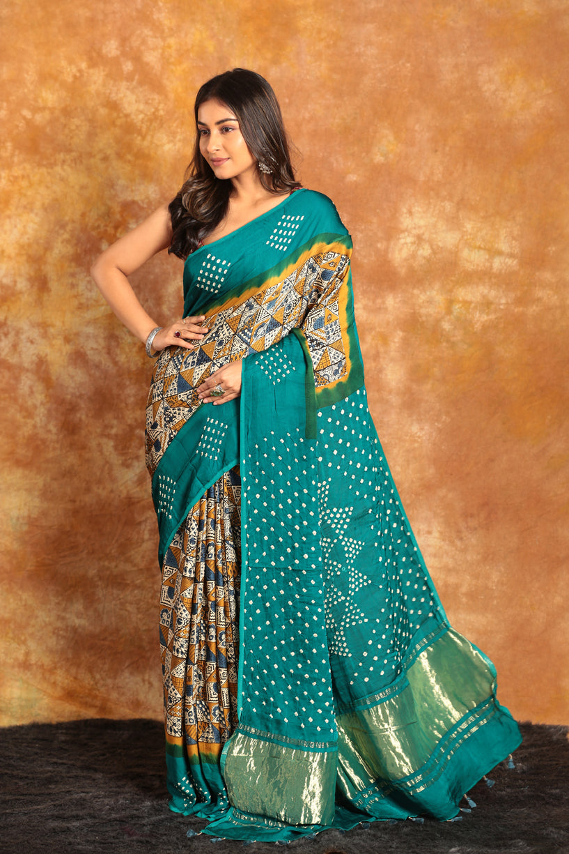 Teal Green Ajrakh Bandhini Saree(Pre-Order)-008