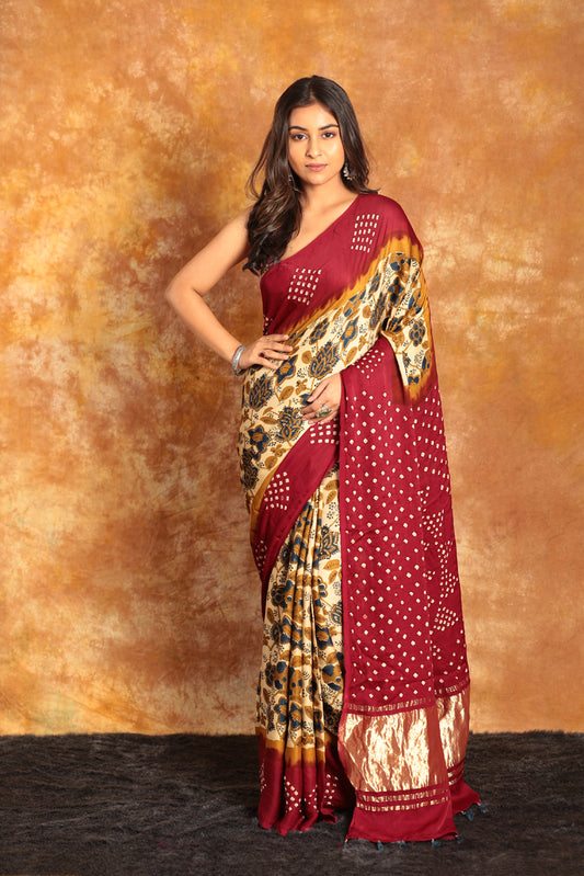 Multi color Ajrakh Bandhini Saree-009