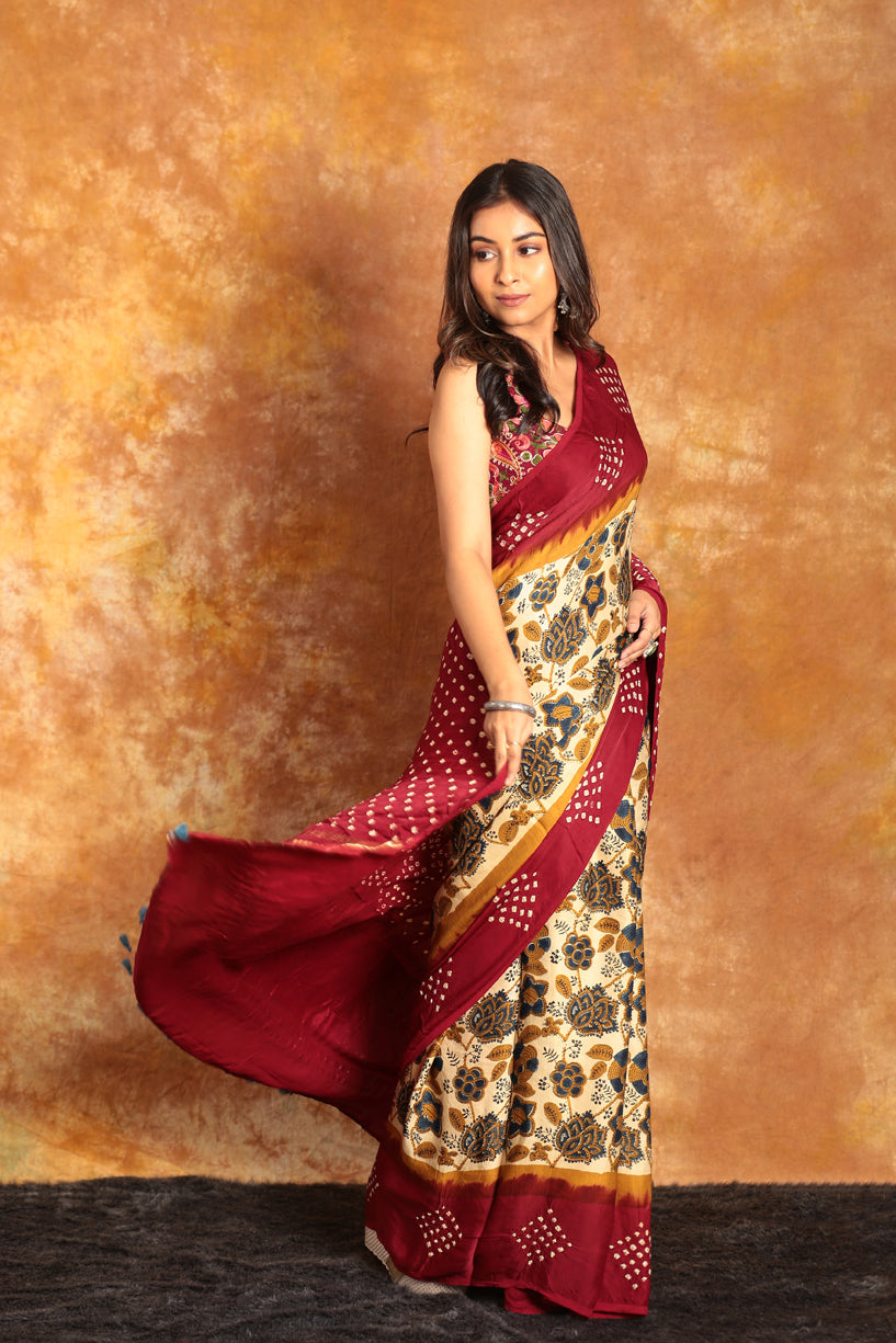 Multi color Ajrakh Bandhini Saree-009