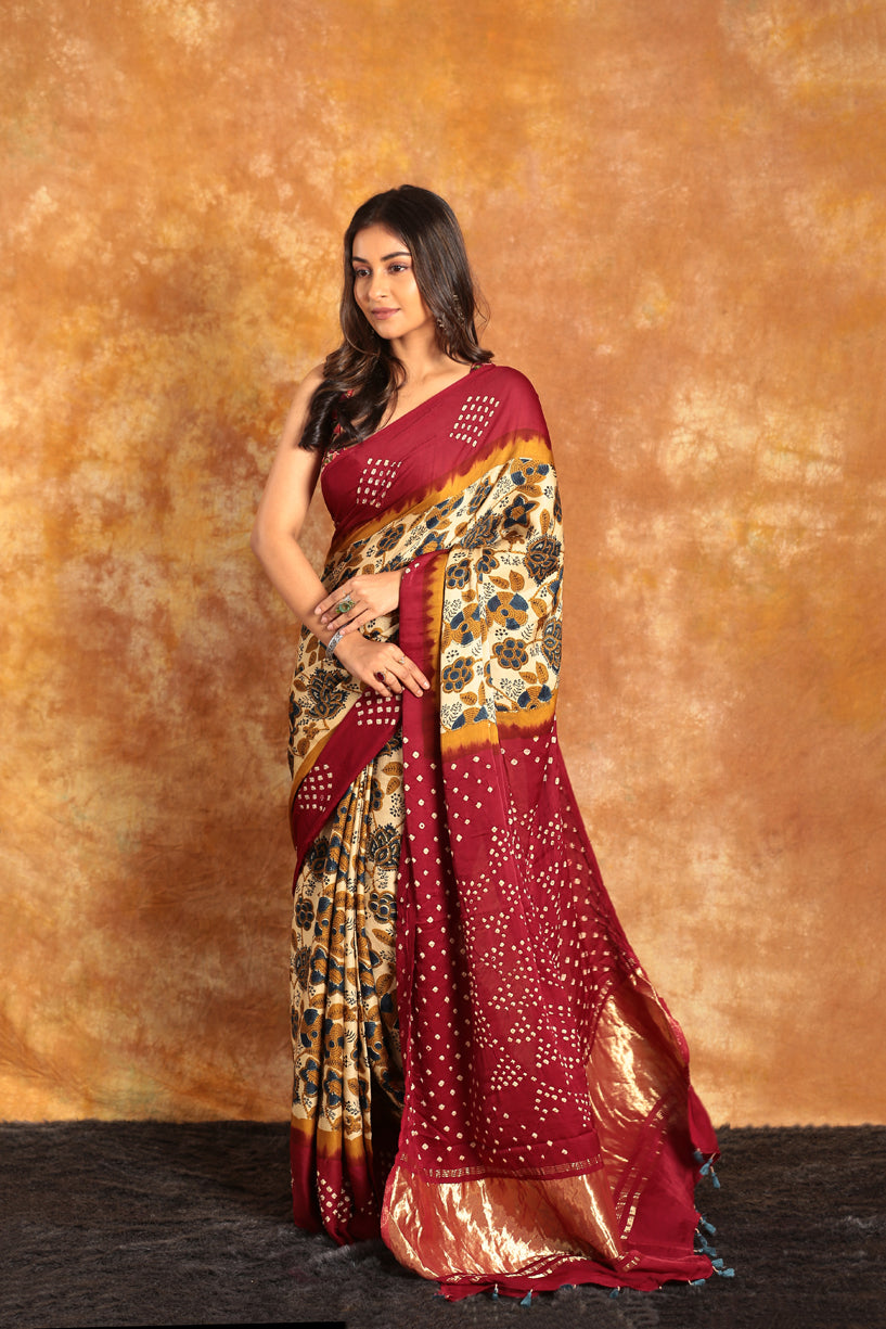 Multi color Ajrakh Bandhini Saree-009